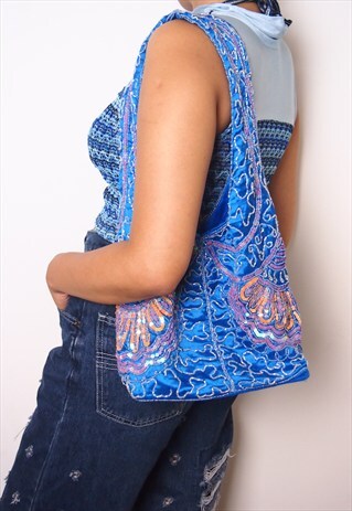 BLUE EMBROIDERY SHOULDER BAG