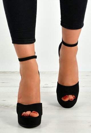BLACK FLORAL PLATFORMS HIGH BLOCK HEEL ANKLE STRAP SANDALS