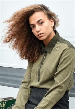 ADIDAS GREEN LONG SLEEVE RIBBED BUTTON UP TOP