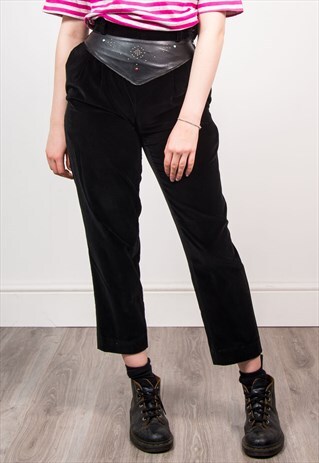 VINTAGE 80'S BLACK VELVET HIGH WAIST GEM EMBELISHED TROUSERS