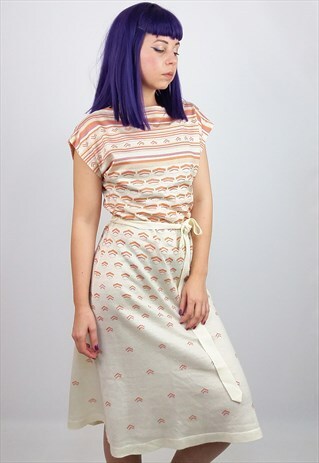 VINTAGE 80'S RETRO KNIT DRESS BEIGE ORANGE PATTERN