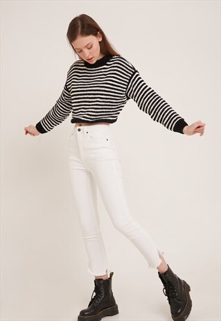 FRINGED CIGARETTE JEANS - WHITE