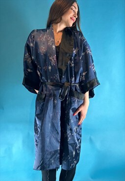 Vintage 80s Satin Floral Dragon Reversible Kimono Style Robe