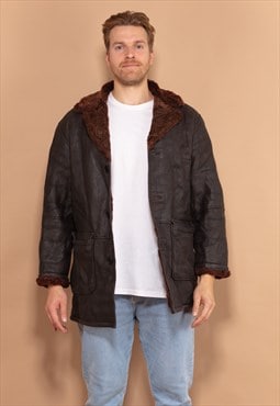 Vintage 90's Men Sherpa Leather Coat in Dark Brown