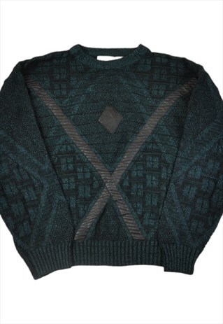 Vintage Knitted Jumper Retro Pattern Green/Black Ladies L