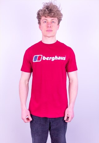 VINTAGE BERGHAUS SPELL OUT LOGO T-SHIRT IN RED