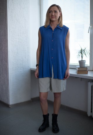 VINTAGE 80'S BRIGHT BLUE SLEEVELESS SHIRT
