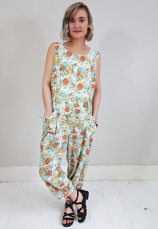VINTAGE 80'S ORANGE AND GREEN FLORAL JUMPSUIT ROMPER