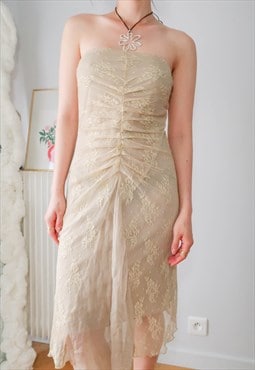 Y2K Glam Gold Asymetrical Bandeau Floral Lace Dress
