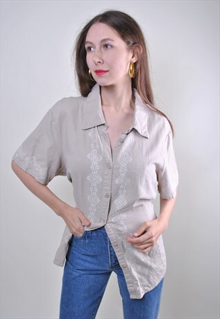 WOMAN VINTAGE GREY FLOWERS BLOUSE WITH SHORT SLEEVE