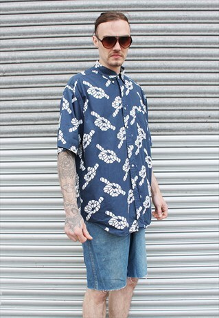 VINTAGE 90S TOMMY HILFIGER NAVY NAUTICAL KNOT PRINT SHIRT