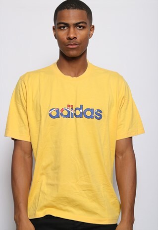 VINTAGE ADIDAS BIG LOGO SPELLOUT T-SHIRT YELLOW