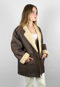 80's Brown Shearling Leather Aviator Style Winter Coat