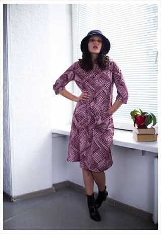 VINTAGE 80'S PINK MIDI PATTERNED SHORT SLEEVED DRESS