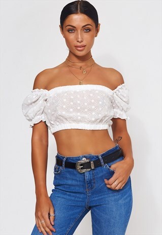 MYA BRODERIE ANGLAISE BARDOT CROP TOP