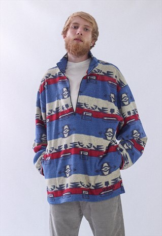 VINTAGE MENS ADIDAS HALF ZIP PULLOVER AZTEC FLEECE JACKET
