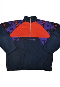 Vintage Fleece 1/4 Zip  Retro Pattern Navy Medium