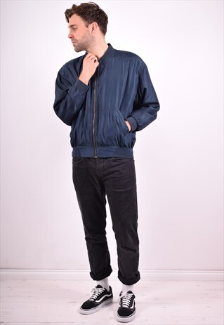 MENS VINTAGE BOMBER JACKET SMALL NAVY BLUE 90'S