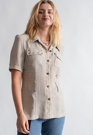 VINTAGE 80S LINEN TOP WITH BUTTON UP FRONT