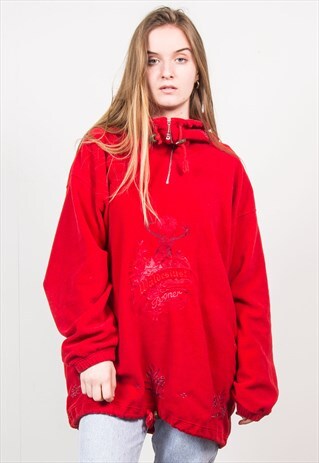 VINTAGE 90'S RED EMBROIDERED FLEECE JUMPER