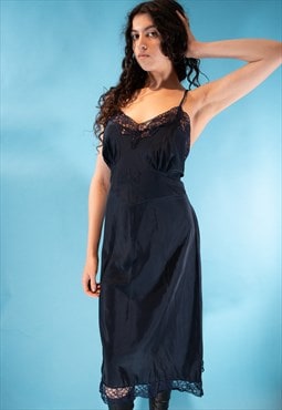 Vintage Size L Slip Dress with Lace in Midnight Blue.