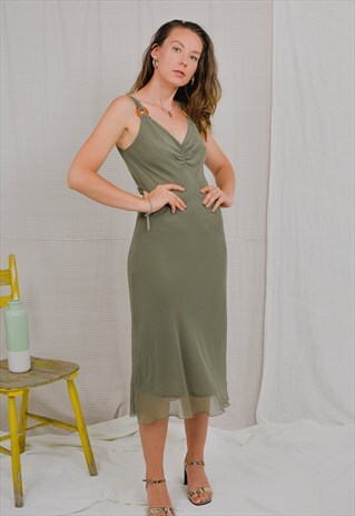 KHAKI DRESS MINIMALIST SLIP VINTAGE HIPPIE GREEN SLEEVELESS