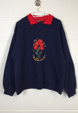 Vintage 90s Sweatshirt Blue Cute Embroidered Flowers