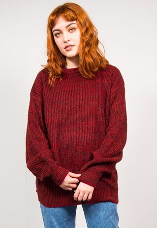 VINTAGE 90'S DARK RED OVERSIZED FISHERMAN KNIT JUMPER