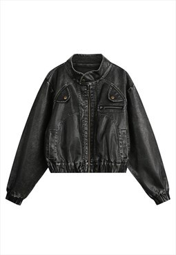 Faux leather biker jacket cropped racing bomber in black