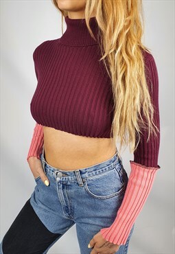 Vintage Roll High Neck Cropped Jumper - Colour Block Sleeve