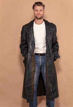 Vintage 40's Men Long Leather Trench Coat in Black