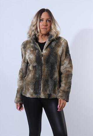 FAUX FUR COAT JACKET SHORT VINTAGE UK 10 (F9AB)