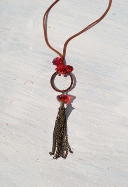 Deadstock cord/red glass crystals/rasin bead/chains pendant.