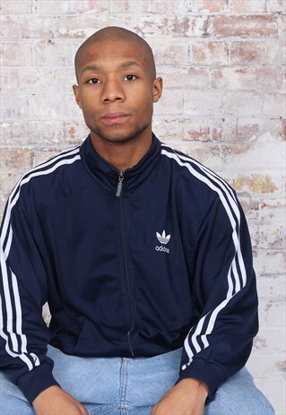 VINTAGE ADIDAS LOGO THREE STRIPE TRACK JACKET NAVY BLUE