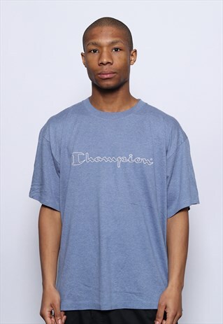 VINTAGE CHAMPION BIG SPELL OUT LOGO T-SHIRT BLUE