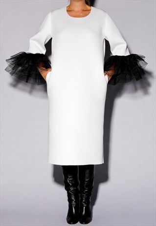 WHITE ELEGANT DRESS,NEOPRENE DRESS,TULLE DRESS,HOLIDAY DRESS