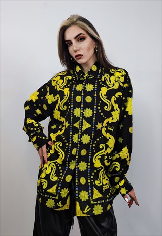 Baroque shirt golden chain print long sleeve blouse in black