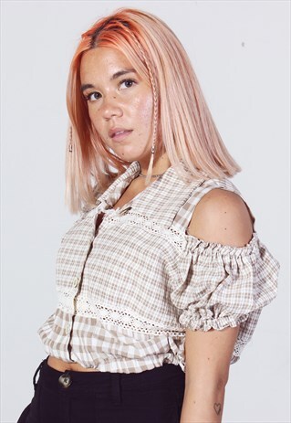 VINTAGE BROWN AND WHITE BUTTON UP CROPPED SHIRT