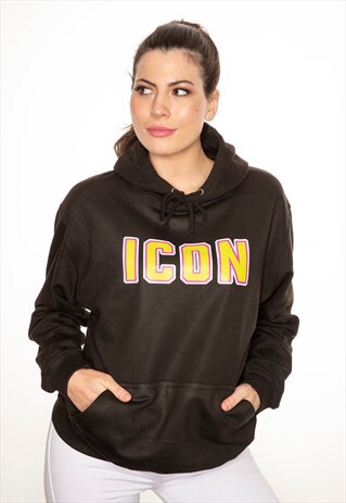 ICON BLACK HOODIE WITH NEON GREEN PINK AND WHITE SLOGAN