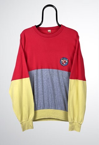 VINTAGE SWEATSHIRT COLOUR BLOCK RED YELLOW GREY LARGE