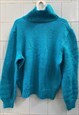 VINTAGE 80S TURQUOISE HANDMADE KNIT JUMPER SWEATER PULLOVER