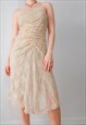 Y2K GLAM GOLD ASYMETRICAL BANDEAU FLORAL LACE DRESS