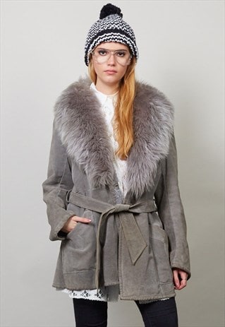 VINTAGE GREY FUR COLLARED SUEDE COAT