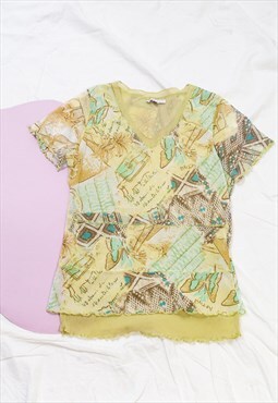 Vintage Mesh Top Y2K Fairy Butterfly Print Lettuce Tee Green