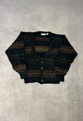 VINTAGE ABSTRACT KNITTED CARDIGAN PATTERNED GRANDAD SWEATER