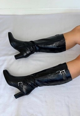 Black Leather Buckle Knee High Vintage Boots