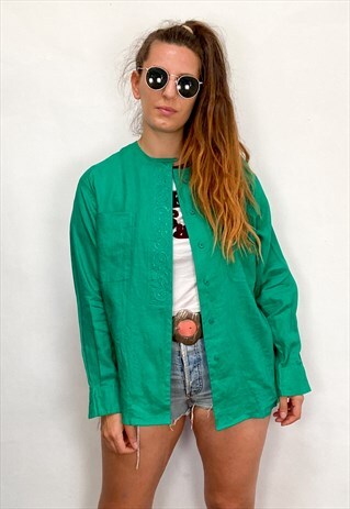 VINTAGE 80'S GREEN EMBROIDERED LONG SLEEVE TUNIC
