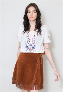 Vintage Ladies 70's Soft Fringed Brown Wrap Mini Skirt