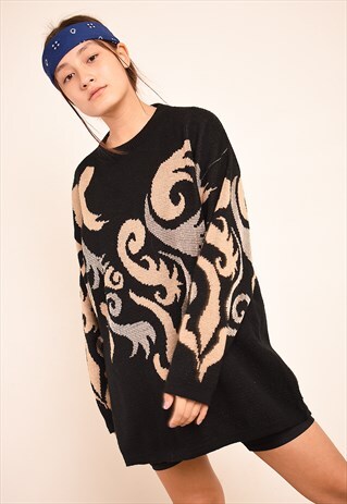 80'S RETRO ABSTRACT GRAPHIC PATTERN OVERSIZED KNIT JUMPER