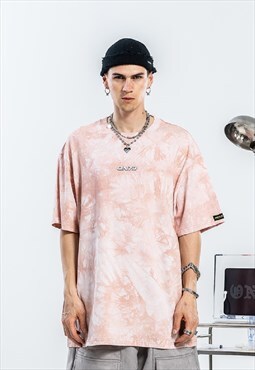 Tie-dye print t-shirt Y2K retro tee bleached top in pink